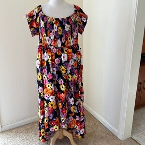 New! Torrid 3X black multi floral off shoulder asymmetric dress.